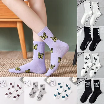 Ponožky Bavlna Motýľ Black Biele ponožky ženy dievčatko ponožky Zábavné, Roztomilé Jeseň Zima Sockken Žena Šťastný In Trend Pevné