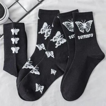 Ponožky Bavlna Motýľ Black Biele ponožky ženy dievčatko ponožky Zábavné, Roztomilé Jeseň Zima Sockken Žena Šťastný In Trend Pevné