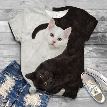 Letné nové mačka 3D tlač kolo krku veľké veľkosti fashion street bežné trend dámy T-shirt Európsky a Americký štýl