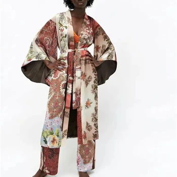 Bežné Ženy Retro Kvetinový Tlač Tenké Kimono Kabáty Bundy Voľné Dlhé Rukávy 2021 Dámy Letné Ženy Kabát, Šál Topy S Pásom