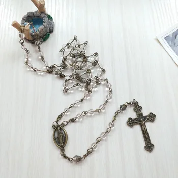 QIGO Dávnych Bronzový Kríž, Ruženec, Náhrdelník Transparentné Sklenené Korálky Strand Náhrdelník Náboženské Šperky