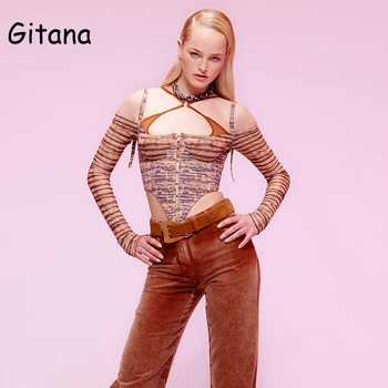 Gitana 2021 Sexy Letné Plavky S Uväzovaním Za Krk Duté Z Dlhý Rukáv Plodín Top Ženy Vintage Korzety Busiter Hnedé Tlač Patchwork Oblečenie
