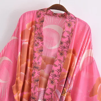Hippie Kvetinový Vytlačené Kimono Krátke Rukávy Voľné Vintage Pás Outwear Lete Žena Boho Pláži Bežné Cardigan Ženy Bundy