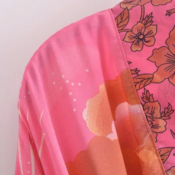 Hippie Kvetinový Vytlačené Kimono Krátke Rukávy Voľné Vintage Pás Outwear Lete Žena Boho Pláži Bežné Cardigan Ženy Bundy