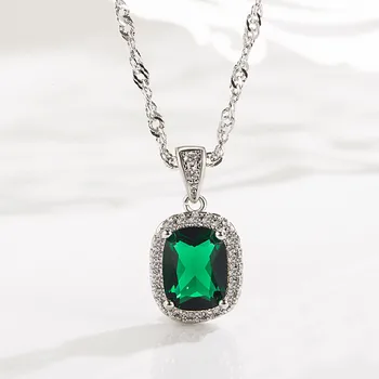 DAIWUJAN Striebro 925 Šperky Vody-wave Reťazca Náhrdelníky Luxusné Námestie Emerald Crystal Náhrdelník Prívesok Pre Ženy Módne Šperky