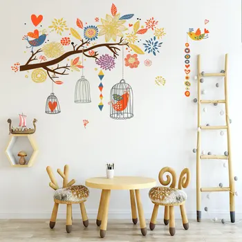 Farebné pobočky klietku Stenu, Nálepky, obývacia izba, spálňa domáce dekorácie deti izby umenie obtlačky tapety Tvorivé Nálepky