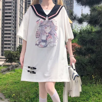 Japonský Kawaii Cartoon Pulóver Ženy Navy Golier Harajuku Tmavé Streetwear Tlač Mikina Lete 2021 Nové Tenké Dlhé Voľné Top