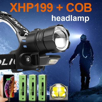 Drop Shipping najsilnejší Nabíjateľná LED Svetlomet XHP199 USB Svetlometu 18650 Vedúci svetlo IPX6 Nepremokavé Vedúci Svetlo s KLASU