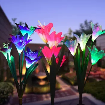 4 Hlavu Lily Kvet Slnečné Svetlo Farebné LED Dekoratívne Vonkajšie Trávnik Lampa Domov Záhrada IP65 Vodeodolný Falošné Kvet Nočné Osvetlenie