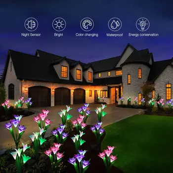 4 Hlavu Lily Kvet Slnečné Svetlo Farebné LED Dekoratívne Vonkajšie Trávnik Lampa Domov Záhrada IP65 Vodeodolný Falošné Kvet Nočné Osvetlenie