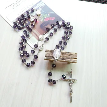 QIGO Fialová Crystal Ruženec Náhrdelník Katolíckej Dlho Cross Prívesok Náboženské Šperky Pre Mužov, Ženy