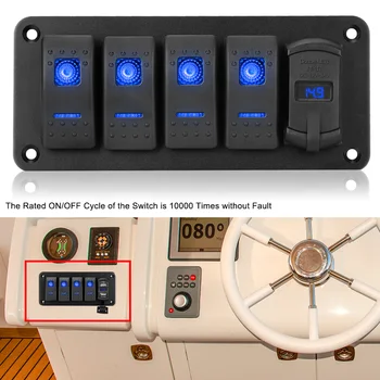 Digitálny Voltmeter Pre Auto Morských 12V/24V Dual USB Port 4 Gang Prepnúť Kolískový Spínač Vodotesný LED Prepnúť Panel +Nálepka