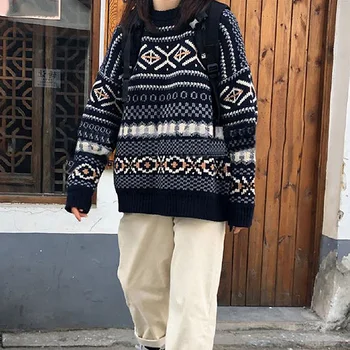Sveter Ženy Vintage Pletený Pulóver Príležitostné Tlače Dlhý Rukáv Nadrozmerné Jumper Žena Harajuku Kórejský Módne Voľné Knitwear