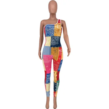 2021 letné nový módny vzor tlače slim Jumpsuit bežné jedného pleca bez rukávov dámske nohavice, Vesta