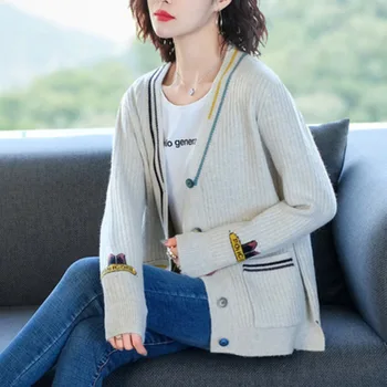 Jeseň Sveter Ženy Cardigan Pletený Kabát Módne Vyšívané V Krku Temperament Dlhý Rukáv 2021 Voľné Bežné Elegantné Kórejského