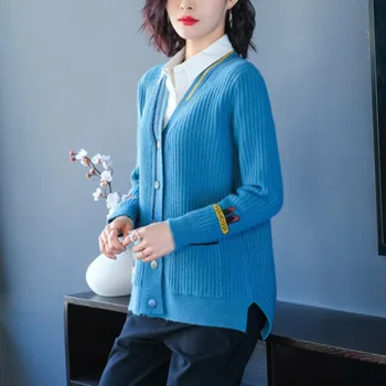 Jeseň Sveter Ženy Cardigan Pletený Kabát Módne Vyšívané V Krku Temperament Dlhý Rukáv 2021 Voľné Bežné Elegantné Kórejského