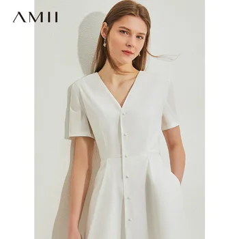 AMII Minimalizmus tvaru Šaty Elegantné Ženy Pevné Single-breasted Krátky Rukáv Žena Dlhé Šaty 12040129
