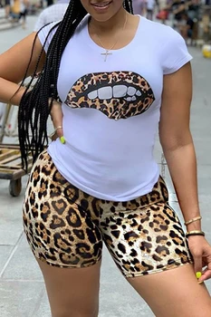 Leopard Pery Tlač Dve Kus Ženy Sexy Letné Streetwear Krátky Rukáv Bežné Y2k Topy Estetické Chudá Šortky Nastaviť Oblečenie