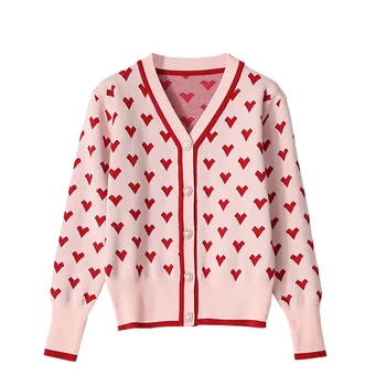 2021 Jeseň Pletený Sveter Ženy Ružová Japonskom Štýle Patchwork Outwear Kawaii Sveter Sladká Láska Srdce Tvaru Teplé Farebné Kábliky