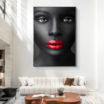 NEZIŠTNE Čierny Dievča Maked Až Červené Pery Plátno maľovať Obrázky Na Steny v Obývacej Izbe Plagáty a Vytlačí African Art Decor Art