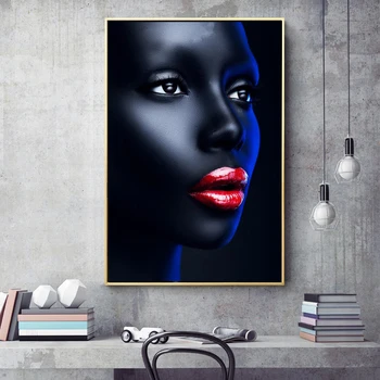 NEZIŠTNE Čierny Dievča Maked Až Červené Pery Plátno maľovať Obrázky Na Steny v Obývacej Izbe Plagáty a Vytlačí African Art Decor Art