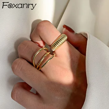 Foxanry Minimalistický 925 Sterling Silver Prstene pre Ženy, Páry, Francúzsko Pozlátené Trendy Elega Nevesta Šperky, Darčeky