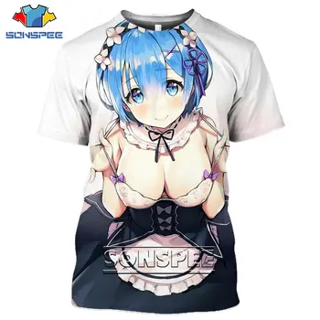 SONSPEE Anime 3D Tlač T-shirt pánske, dámske Re Nula Rem Sexy Dievča Plavky Strany Pulóver Voľné Veľké Veľkosť Krátke Rukávy