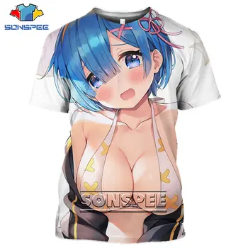 SONSPEE Anime 3D Tlač T-shirt pánske, dámske Re Nula Rem Sexy Dievča Plavky Strany Pulóver Voľné Veľké Veľkosť Krátke Rukávy