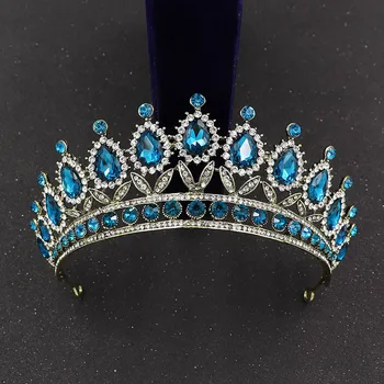 2021 Barokový Vintage Blue Crystal Koruny Ženy Headdress hlavový most Svadobné Tiaras a Koruny, Svadobné Vlasy, Šperky, Doplnky Koruna