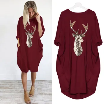 Plus Veľkosť šaty Žien Príležitostné Voľné Topy Elk Printting Sundress 2019 Jeseň Zima Dámy O Krk Dlhý Vrecko Vianočné Šaty#5s