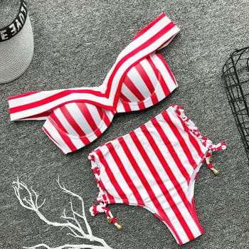 Sexy Prekladané Dva Kusy Ženy Bikini Set Push Up Predné Krajky-Up Plavky Vysoký Pás Letné Beach 2021 Mujer Plavky Čierna Biela