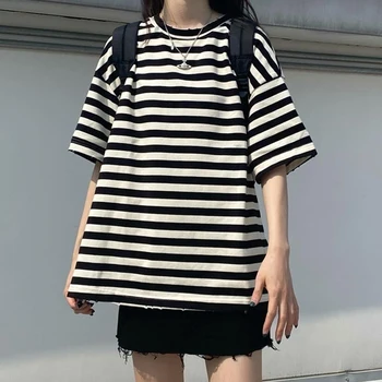 2021 lete Ženy harajuku Pruhované tričko krátky Rukáv O-Neck T-Shirts ulzzang kórejský Bežné nadrozmerné T Shirt Femme black Topy