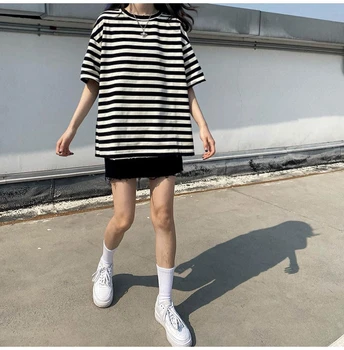 2021 lete Ženy harajuku Pruhované tričko krátky Rukáv O-Neck T-Shirts ulzzang kórejský Bežné nadrozmerné T Shirt Femme black Topy