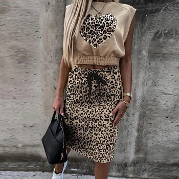 Ženy, Elegantný Kus Dvoch Sád Módne Vintage Leopard Tlač Topy+Bežné Šnúrkou Sukne Oblečenie Office Dámy Sukne, Obleky