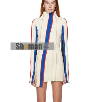 Luxusné dizajnér 2021 jar ženy Kontrast Farieb Prekladané Turtleneck Pletené Asymetrický Slim Fit estetické sveter žena svetre