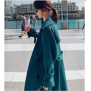 Na jeseň roku 2019 Módne Ženy, Zelený Kabát Výkopu Klope Bežné Slim Ladies Windbreaker Čierny Dlhý Kabát Obväz vrchné oblečenie f864