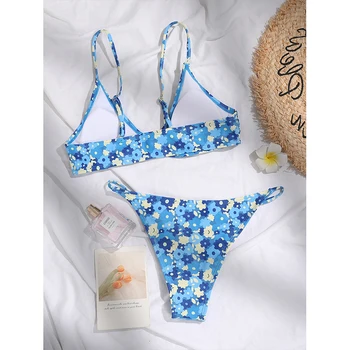 2021 Modrá kvetinový tlač plavky ženy Krúžok bandeau bikini set Vysoký strih plaviek žena Sexy plavky Plávanie oblek Plaviek