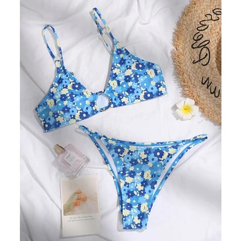 2021 Modrá kvetinový tlač plavky ženy Krúžok bandeau bikini set Vysoký strih plaviek žena Sexy plavky Plávanie oblek Plaviek