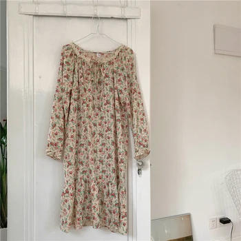 Roztomilý kvetinový tlač bavlnená posteľná bielizeň nightgowns volánikmi dlhý rukáv voľné sleepdress domáce oblečenie bežné dievča vintage nightdress Y349