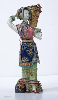 Maľovaný porcelán čínskych etnických menšín dievča s rastlinami ornament, bábiky, dekorácie lady obrázok Súsošie, socha