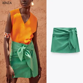 2021 Za Mini Sukne Ženy Vintage Luk Vysoký Pás Zelená Sukne Módne Bočné Zip Žena Elegantné Bavlna Letné Sukne