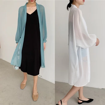 2021 Dlho Blúzky Lístkového Rukáv Šatkou Cardigan Outwear Ženy Lete Plus Veľkosť Holiday Beach Nosenie Pevnej Topy Kórejské Oblečenie Košele