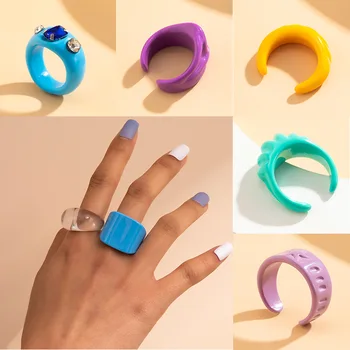 Nový Kórejský Farebné Priehľadné Živice, Akrylové Geometrie Nepravidelný Prst Prstene Pre Ženy, Dievčatá Drahokamu Otvorenie Prstene, Šperky