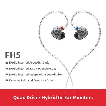 FiiO FH5 Kovové puzdro Knowles MMCX Odnímateľný Kábel HiFi Káblové Slúchadlá Quad Ovládač Hybrid 3,5 mm Povolanie Monitor Headset