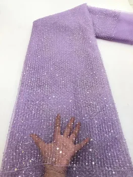(5yards/pc) Elegantný vyšívané francúzsky čistý čipky fialová fialová tylu čipky textílie s korálky, flitre Afriky svadobné čipky FZZ037