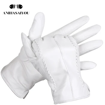 Módne biele kožené rukavice ženy Originálne Kožené Biele rukavice z ovčej Krátke pohodlné dámske rukavice teplou podšívkou-2226D