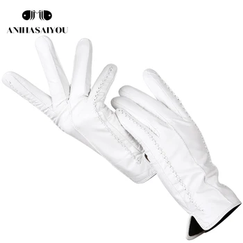 Módne biele kožené rukavice ženy Originálne Kožené Biele rukavice z ovčej Krátke pohodlné dámske rukavice teplou podšívkou-2226D