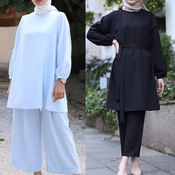 Eid Dvoch-dielny Moslimských Sady Abaya turecký Topy, Nohavice Vetment Femme Hidžáb Oblečenie Abayas Pre Ženy Musulman Komplety Islam Oblečenie