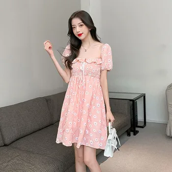 Bežné Kvetinový Midi šaty Daisy Tlač Lístkového rukáv Sladké Kawaii dámske letné šaty kórejský fashion Party Plus Veľkosť oblečenie Žien