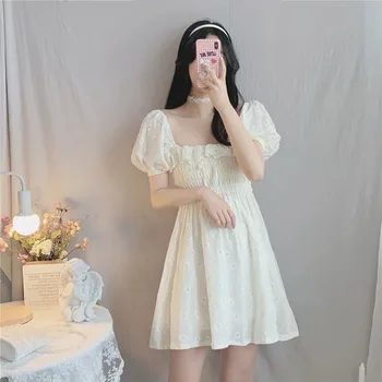 Bežné Kvetinový Midi šaty Daisy Tlač Lístkového rukáv Sladké Kawaii dámske letné šaty kórejský fashion Party Plus Veľkosť oblečenie Žien